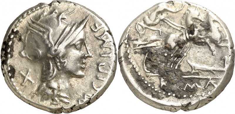 (hacia 115-114 a.C.). Gens Cipia. Denario. (Bab. 1) (Craw. 289/1). Adherencias e...