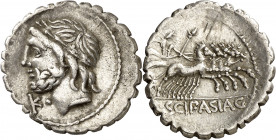 (hacia 106 a.C.). Gens Cornelia. Denario. (Bad. 24) (S. 24c) (Craw. 311/1b). Dos pequeñas incisiones en reverso. 3,77 g. (MBC+).