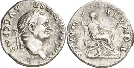 (73 d.C.). Vespasiano. Denario. (Spink 2305) (S. 387) (RIC. 546). Rayita en reverso. 3,14 g. MBC.