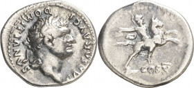 (77-78 d.C.). Domiciano. Denario. (Spink 2638) (S. 49a) (RIC. 957, de Vespasiano). Limpiada. 3,21 g. MBC.