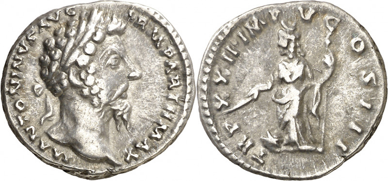 (168 d.C.). Marco Aurelio. Denario. (Spink 4935 var) (S. 896) (RIC. 186). 3,36 g...