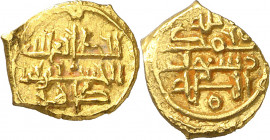Saffaridas. Al-Husain ibn Ta'ir. Fracción de dinar. (S. Album 1419.1). Márgenes recortados, ceca y fecha fuera de cospel. 1,68 g. EBC.