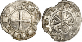 Alfonso VI (1073-1109). Toledo. Dinero. (AB. 5.1 var) (M.M. A6:10.12 var). Punto bajo la S de ANFVS. Cospel algo faltado. Escasa. 0,94 g. MBC-.