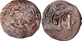s/d. Felipe II. Isla de Santiago (Jamaica). 2 maravedís. (AC. 24). Resello llave (De Mey 830) sobre 4 maravedís de Juana y Carlos de Santo Domingo. 3,...