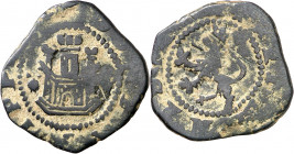 s/d. Felipe II. Coruña. 1 ochavo. (AC. 54). Sin puntos acotando la V. Escasa. 3,57 g. MBC-.