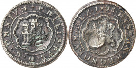 1598. Felipe II. Segovia. 4 maravedís. (AC. 91). Sin indicación de ceca ni valor. Resello IIII en anverso. 6,75 g. MBC-.