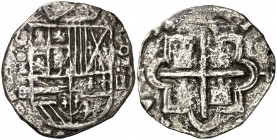 1592. Felipe II. Segovia. . 2 reales. (AC. 392). Oxidaciones limpiadas. Rara. 5,04 g. BC+.