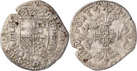 1594. Felipe II. Tournai. 1/20 de escudo Felipe. (Vti. 770) (Van Gelder & Hoc 215-14). Ex Áureo 26/09/2007, nº 658. 3,11 g. MBC-.