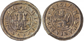 1617. Felipe III. Segovia. 4 maravedís. (AC. 266). Acueducto , muy esquemático, de 3 arcos. Ex Áureo 20/09/2001, nº 1184. 3,11 g. MBC.