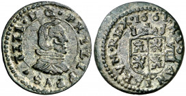 1661. Felipe IV. MD (Madrid). 8 maravedís. (AC. 355). Sin marca de ensayador. Buen ejemplar. Ex Colección de Cobres, Áureo 21/10/2003, nº 669. Muy rar...