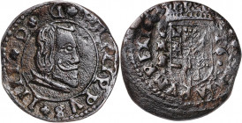 1663. Felipe IV. M (Madrid). S. 16 maravedís. (Barrera falta) (J.S. pág. 441-442). Falsa de época. 4,92 g. BC+.