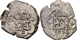 1658. Felipe IV. Burgos. (AC. 523). Resello de valor IIII sobre cospel virgen. 5,95 g. MBC.