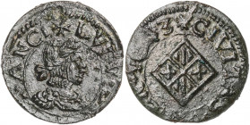 1643. Guerra dels Segadors. Vic. 1 diner. (AC. 254) (Cru.C.G. 4681). Lluís XIV. Impurezas. Atractiva. Ex Áureo 20/10/1999, nº 3667. 2,20 g. MBC+.