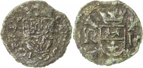s/d. Carlos II. Ruremonde. 1 gigot (1 duit). (Vti. 262) (Van Gelder-Hoc 360a). Ex Áureo 26/09/2007, nº 806. 1,04 g. BC-.