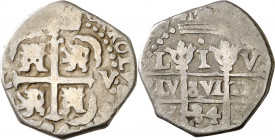 1684. Carlos II. Lima. V. 1 real. (AC. 213). Doble fecha y triple ensayador. 2,20 g. MBC-.