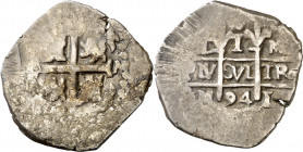 1694. Carlos II. Lima. M. 1 real. (AC. 225). Triple ensayador que sólo acuñó este año. 3,26 g. BC+/MBC-.