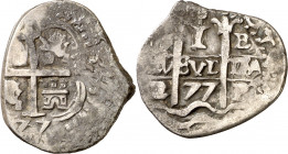 1677. Carlos II. Potosí. E. 1 real. (AC. 263). Doble fecha y triple ensayador. Incrustaciones. 2,38 g. (MBC-).