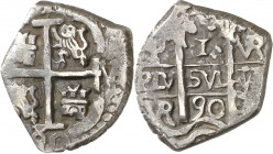 1690. Carlos II. Potosí. VR. 1 real. (AC. 283). Doble fecha y triple ensayador. 3,07 g. MBC-.