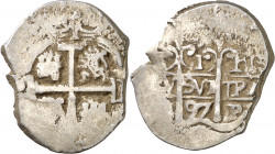 1697. Carlos II. Potosí. F. 1 real. (AC. 293). Curiosos adornos en reverso. Escasa. 3,54 g. BC+/MBC-.