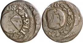 1708. Carlos III, Pretendiente. Barcelona. 1 ardit. (AC. 4). Acuñada sobre un ardit de Lluís XIV de 1648. 1,32 g. MBC-.