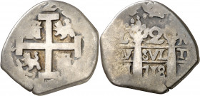 1718. Felipe V. Lima. M. 2 reales. (AC. 731). Doble fecha, una parcial. Escasa. 5,79 g. BC+/MBC-.