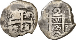 1729. Felipe V. Potosí. (M). 2 reales. (AC. 903). 7,39 g. BC+.