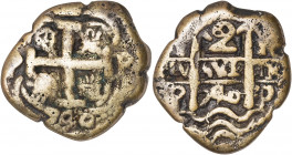 1740. Felipe V. Potosí. P. 2 reales. Falsa de época. Doble fecha y doble ensayador. Muy interesante. 4,88 g. (MBC-).