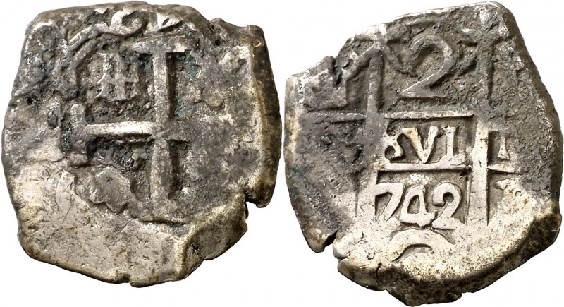 1742. Felipe V. Potosí. P. 2 reales. (AC. 926). Doble fecha. Oxidaciones. 6,91 g...