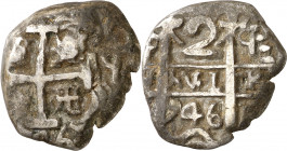 1746. Felipe V. Potosí. q. 2 reales. (AC. 934). Doble fecha, una parcial y doble ensayador. Oxidaciones. 4,62 g. (MBC-).