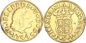 1744. Felipe V. Sevilla. PJ. 1/2 escudo. (AC. 1649). Tercer busto. Sirvió como joya. 1,57 g. (BC+).