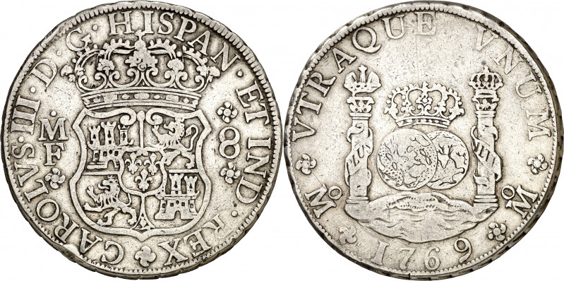 1769. Carlos III. México. MF. 8 reales. (AC. 1095). Columnario. 26,62 g. MBC-.