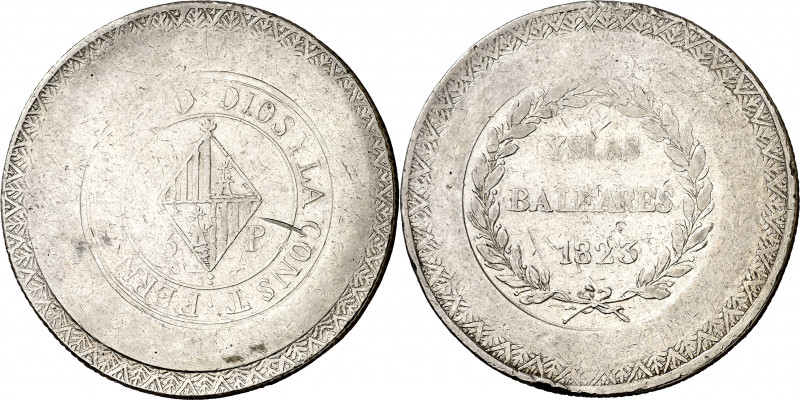 1823. Fernando VII. Mallorca. 5 pesetas. (AC. 1300). ...Y LA CONST. Rayitas y go...