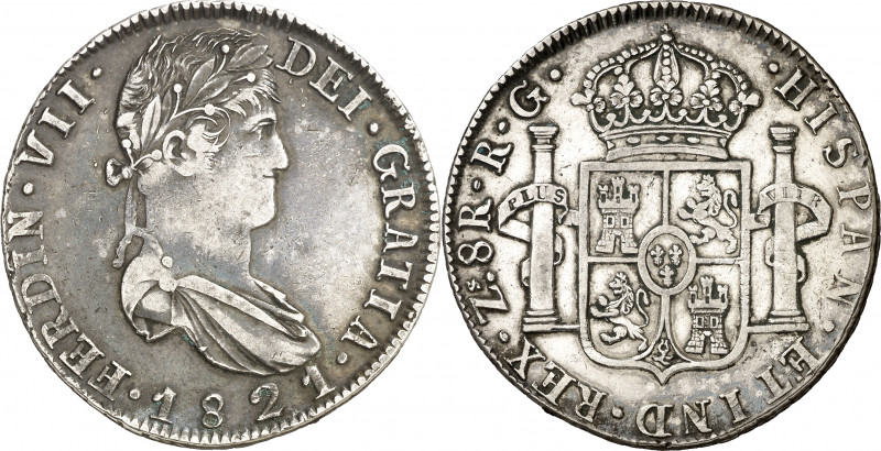 1821. Fernando VII. Zacatecas. RG. 8 reales. (AC. 1465). 26,83 g. MBC/MBC+.