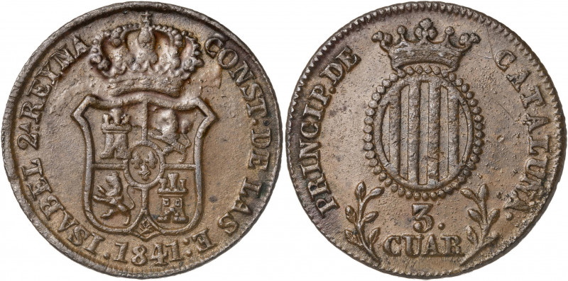 1841. Isabel II. Barcelona. 3 cuartos. (AC. 9). Impurezas. 6,55 g. MBC+.