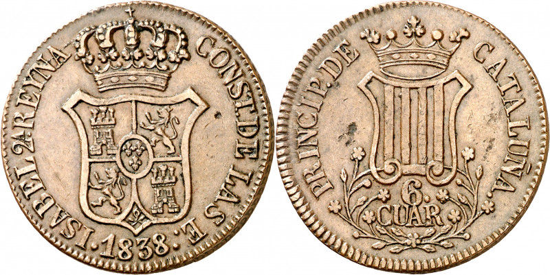 1838. Isabel II. Barcelona. 6 cuartos. (AC. 18). Leves hojitas. 13,53 g. MBC+.