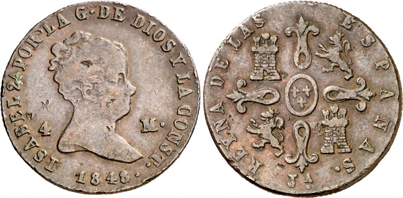 1848. Isabel II. Jubia. 4 maravedís. (AC. 74). Escasa. 4,88 g. MBC-/MBC.