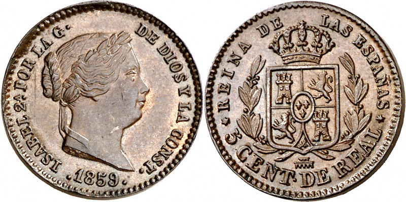 1859. Isabel II. Segovia. 5 céntimos de real. (AC. 164). Bella. Ex Áureo 22/09/1...