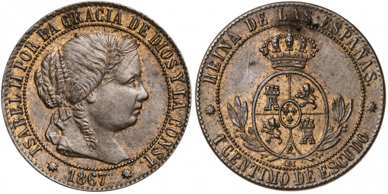 1867. Isabel II. Barcelona. OM. 1 céntimo de escudo. (AC. 215). Parte de brillo ...