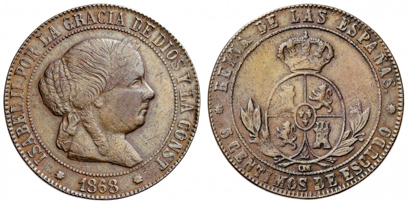 1868. Isabel II. Barcelona. OM. 5 céntimos de escudo. (Barrera 690). Falsa de ép...