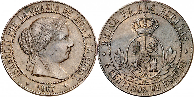 1867. Isabel II. Jubia. OM. 5 céntimos de escudo. (AC. 248). Escasa. 12,72 g. MB...