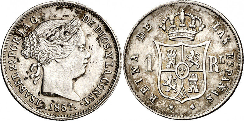 1857. Isabel II. Barcelona. 1 real. (AC. 280). Escasa así. 1,28 g. EBC-.