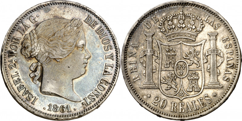 1861. Isabel II. Madrid. 20 reales. (AC. 619). Golpecitos. Pátina. 25,76 g. MBC-...