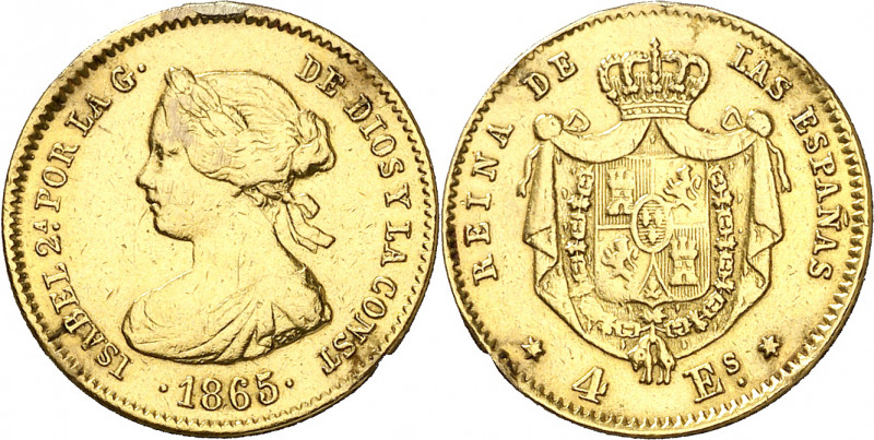 1865. Isabel II. Madrid. 4 escudos. (AC. 688). Sirvió como joya. 3,32 g. (BC+/MB...