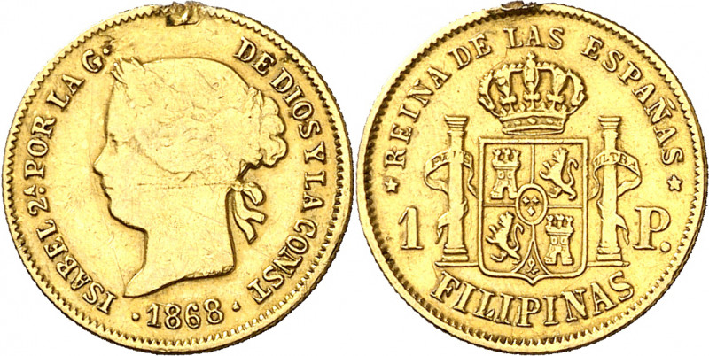 1868. Isabel II. Manila. 1 peso. (AC. 833). Resto de soldadura en canto. 1,68 g....