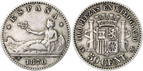 1870*70. Gobierno Provisional. SNM. 50 céntimos. (AC. 15). 2,50 g. MBC-.