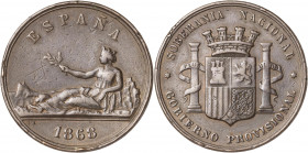 1868. Gobierno Provisional. Medalla que sirvió de prueba al duro de 1869. (V. 824) (V.Q. 14374) (Ruiz Trapero 768). Firmado: L. Marchionni. Golpecitos...