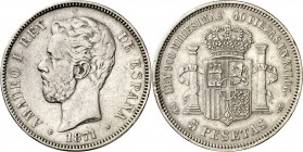 1871*1873. Amadeo I. DEM. 5 pesetas. (AC. 3). Rara. 24,91 g. MBC-.