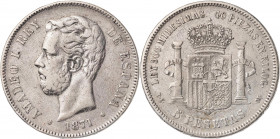 1871*1874. Amadeo I. DEM. 5 pesetas. (AC. 5). 24,80 g. BC+.