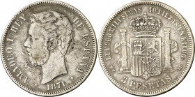 1871*1818. Amadeo I. DEM. 5 pesetas. (AC. 6). Escasa. 24,64 g. BC.