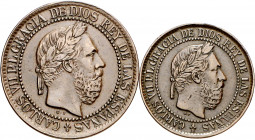 1875. Carlos VII, Pretendiente. Oñate. 5 y 10 céntimos. (AC. 2 y 5). 2 monedas. MBC-/MBC.